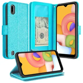 Samsung Galaxy A01 Case, Galaxy A01 Case, Glitter Faux Leather Flip Credit Card Holder Wrist Strap Shockproof Protective Wallet Case Clutch for Galaxy A01 - Teal