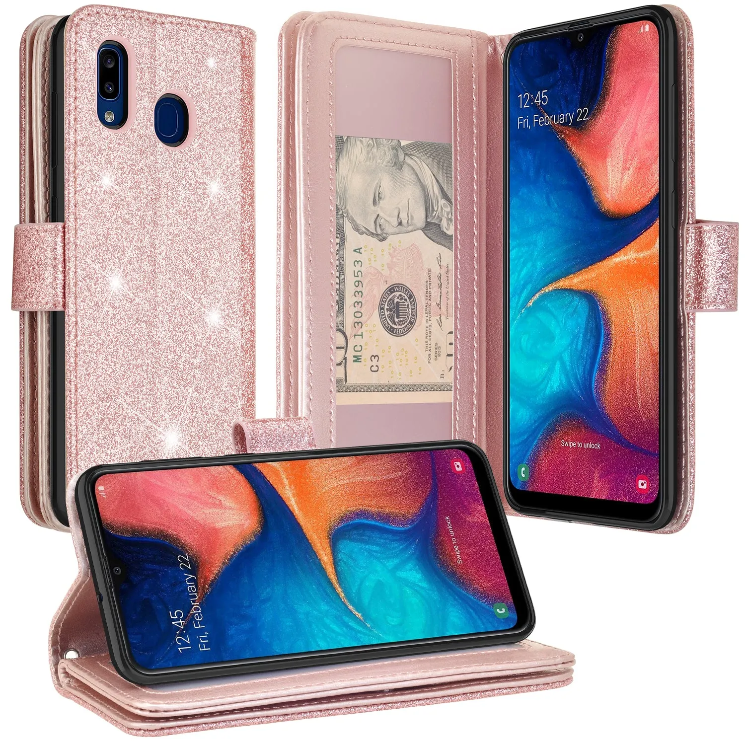 Samsung Galaxy A10e Case, Galaxy A10e Case, Glitter Faux Leather Flip Credit Card Holder Wrist Strap Shockproof Protective Wallet Case Clutch for Galaxy A10e - Rose Gold