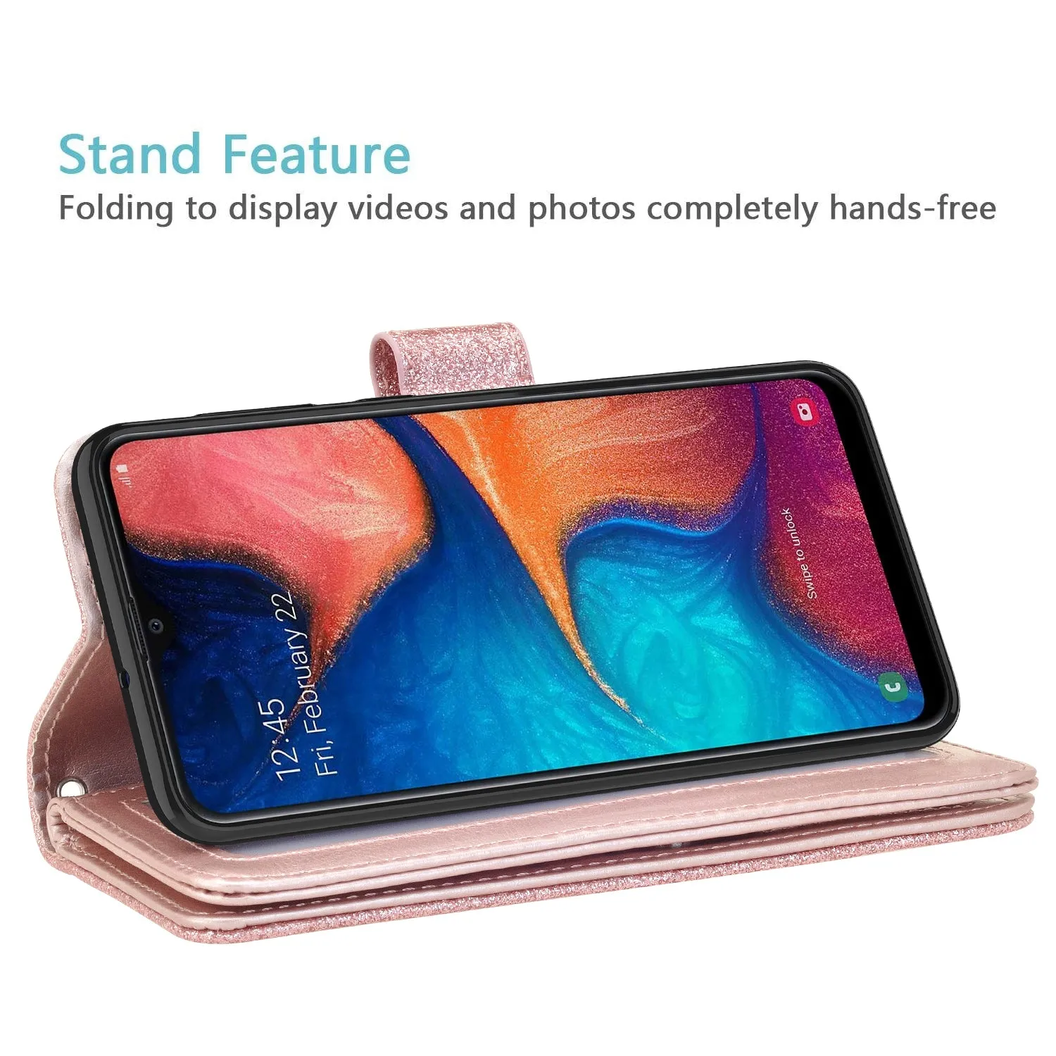 Samsung Galaxy A10e Case, Galaxy A10e Case, Glitter Faux Leather Flip Credit Card Holder Wrist Strap Shockproof Protective Wallet Case Clutch for Galaxy A10e - Rose Gold