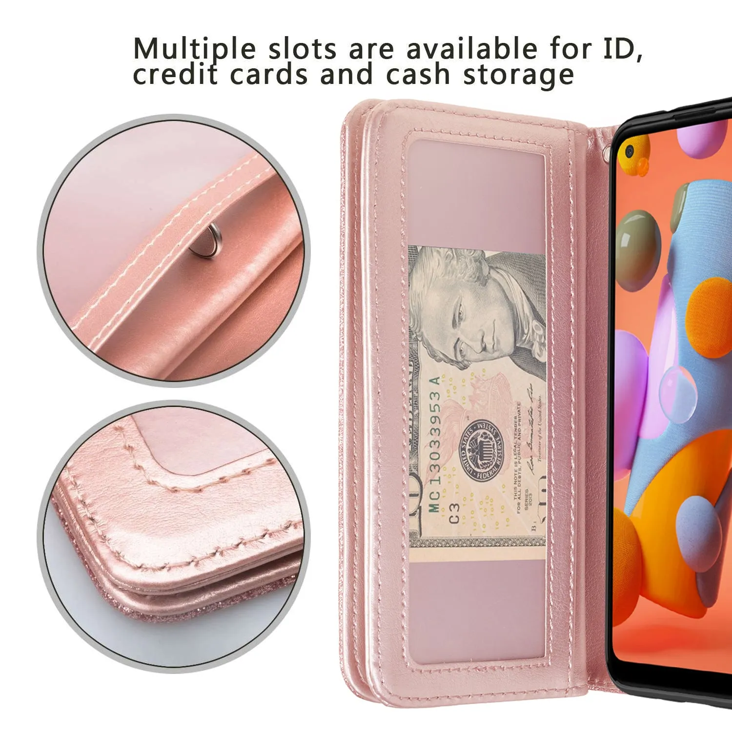 Samsung Galaxy A11 Case, Galaxy A11 Case, Glitter Faux Leather Flip Credit Card Holder Wrist Strap Shockproof Protective Wallet Case Clutch for Galaxy A11 - Rose Gold