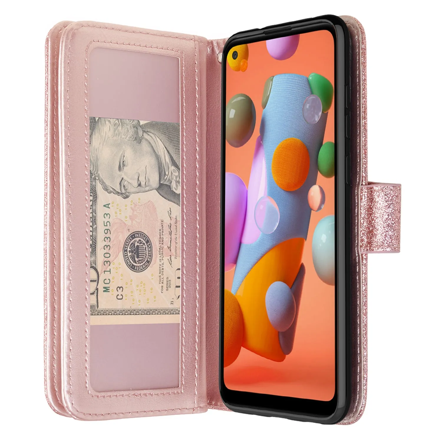 Samsung Galaxy A11 Case, Galaxy A11 Case, Glitter Faux Leather Flip Credit Card Holder Wrist Strap Shockproof Protective Wallet Case Clutch for Galaxy A11 - Rose Gold