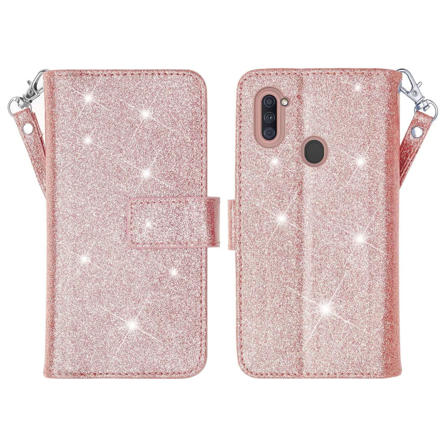 Samsung Galaxy A11 Case, Galaxy A11 Case, Glitter Faux Leather Flip Credit Card Holder Wrist Strap Shockproof Protective Wallet Case Clutch for Galaxy A11 - Rose Gold