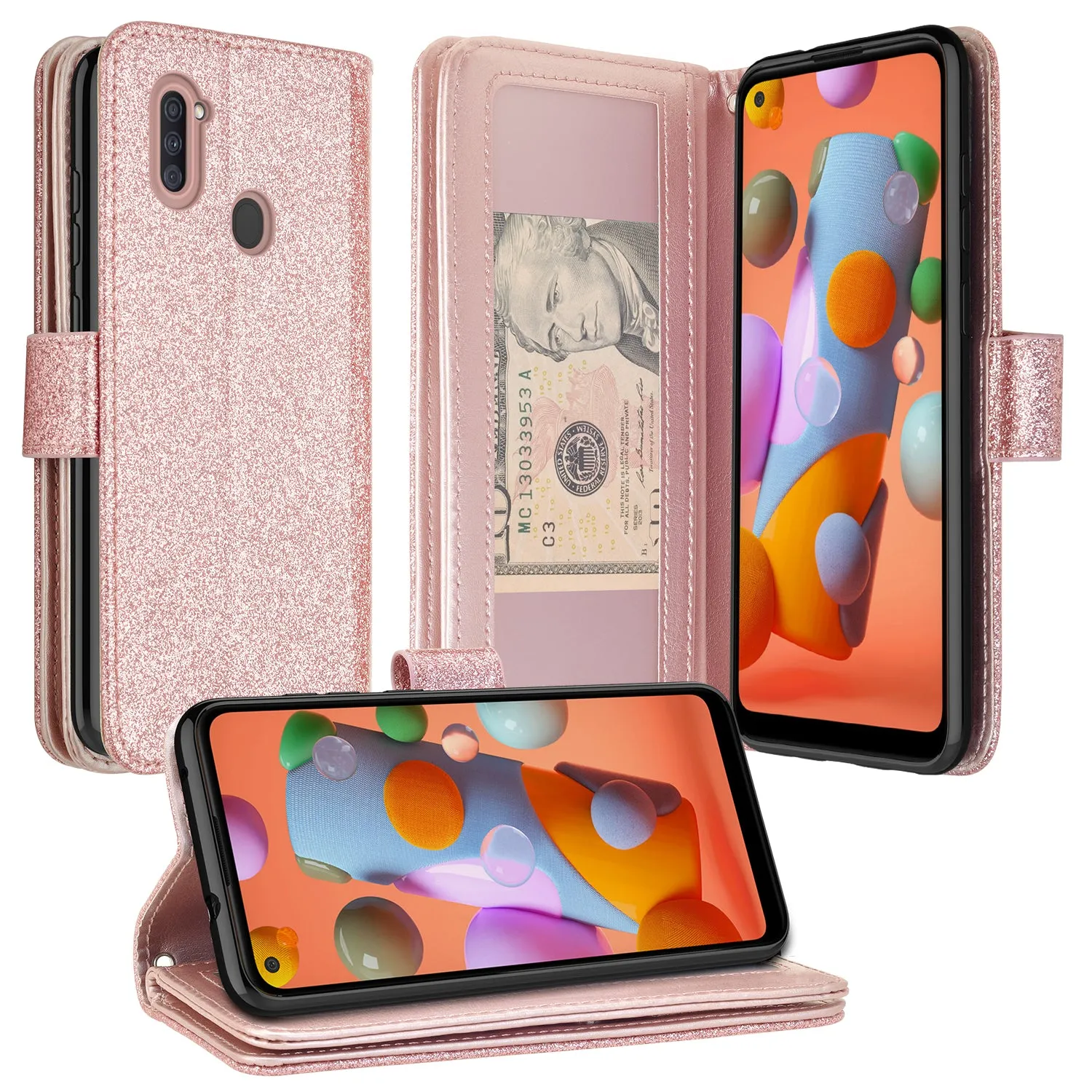 Samsung Galaxy A11 Case, Galaxy A11 Case, Glitter Faux Leather Flip Credit Card Holder Wrist Strap Shockproof Protective Wallet Case Clutch for Galaxy A11 - Rose Gold