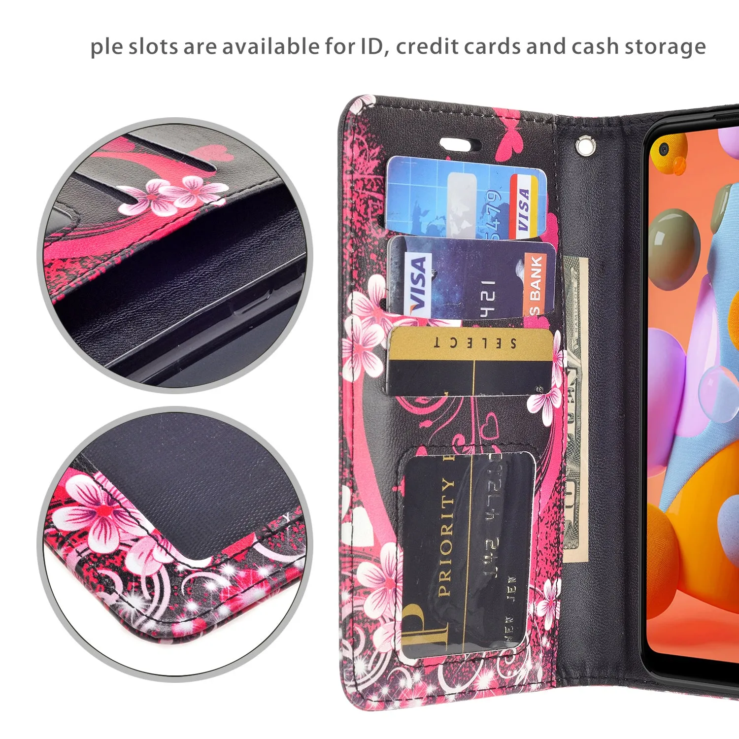 Samsung Galaxy A11 Case, Galaxy A11 Wallet Case, Wrist Strap Pu Leather Wallet Case [Kickstand] with ID & Credit Card Slots - Heart Butterflies