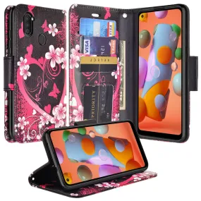 Samsung Galaxy A11 Case, Galaxy A11 Wallet Case, Wrist Strap Pu Leather Wallet Case [Kickstand] with ID & Credit Card Slots - Heart Butterflies