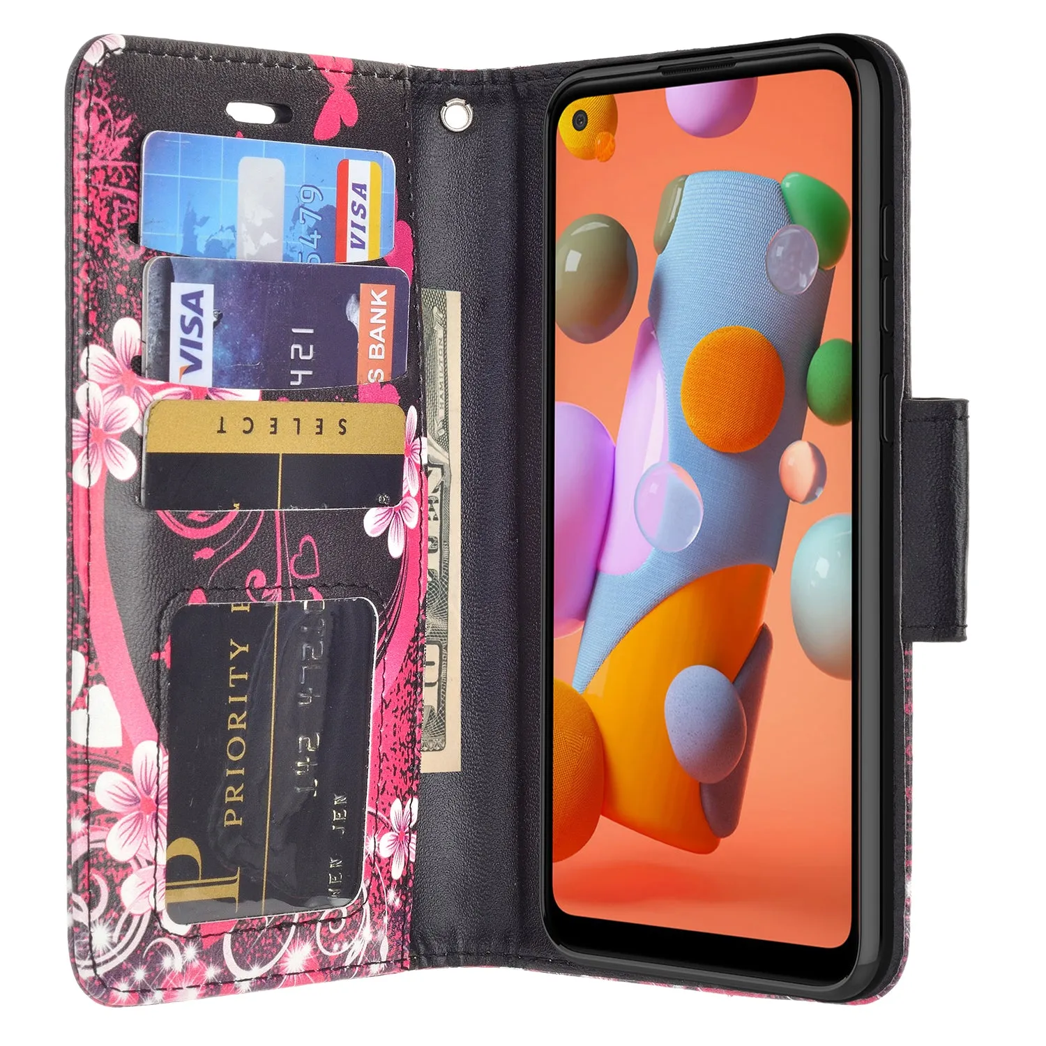 Samsung Galaxy A11 Case, Galaxy A11 Wallet Case, Wrist Strap Pu Leather Wallet Case [Kickstand] with ID & Credit Card Slots - Heart Butterflies