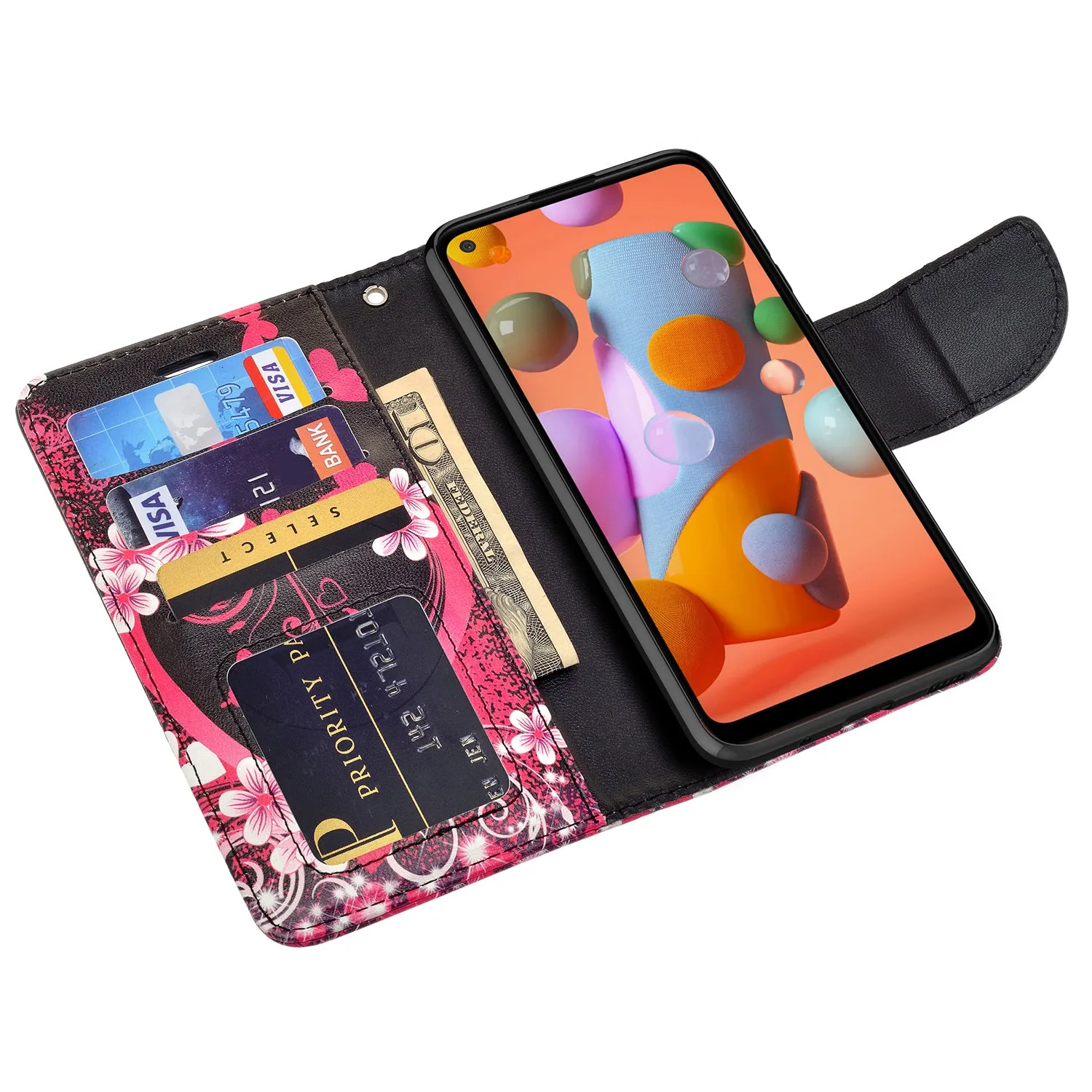 Samsung Galaxy A11 Case, Galaxy A11 Wallet Case, Wrist Strap Pu Leather Wallet Case [Kickstand] with ID & Credit Card Slots - Heart Butterflies