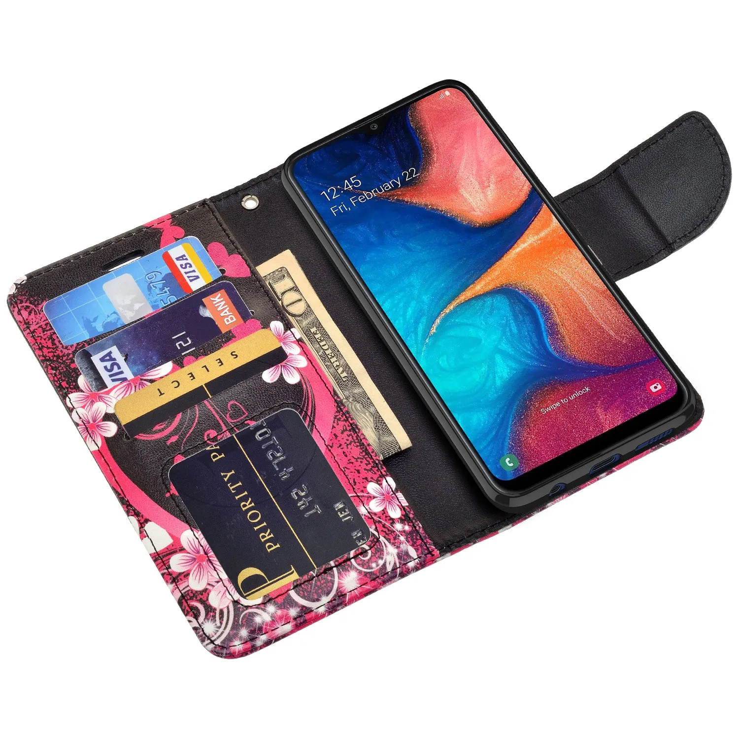 Samsung Galaxy A20 Case, Galaxy A20 Wallet Case, Wrist Strap Pu Leather Wallet Case [Kickstand] with ID & Credit Card Slots - Heart Butterflies