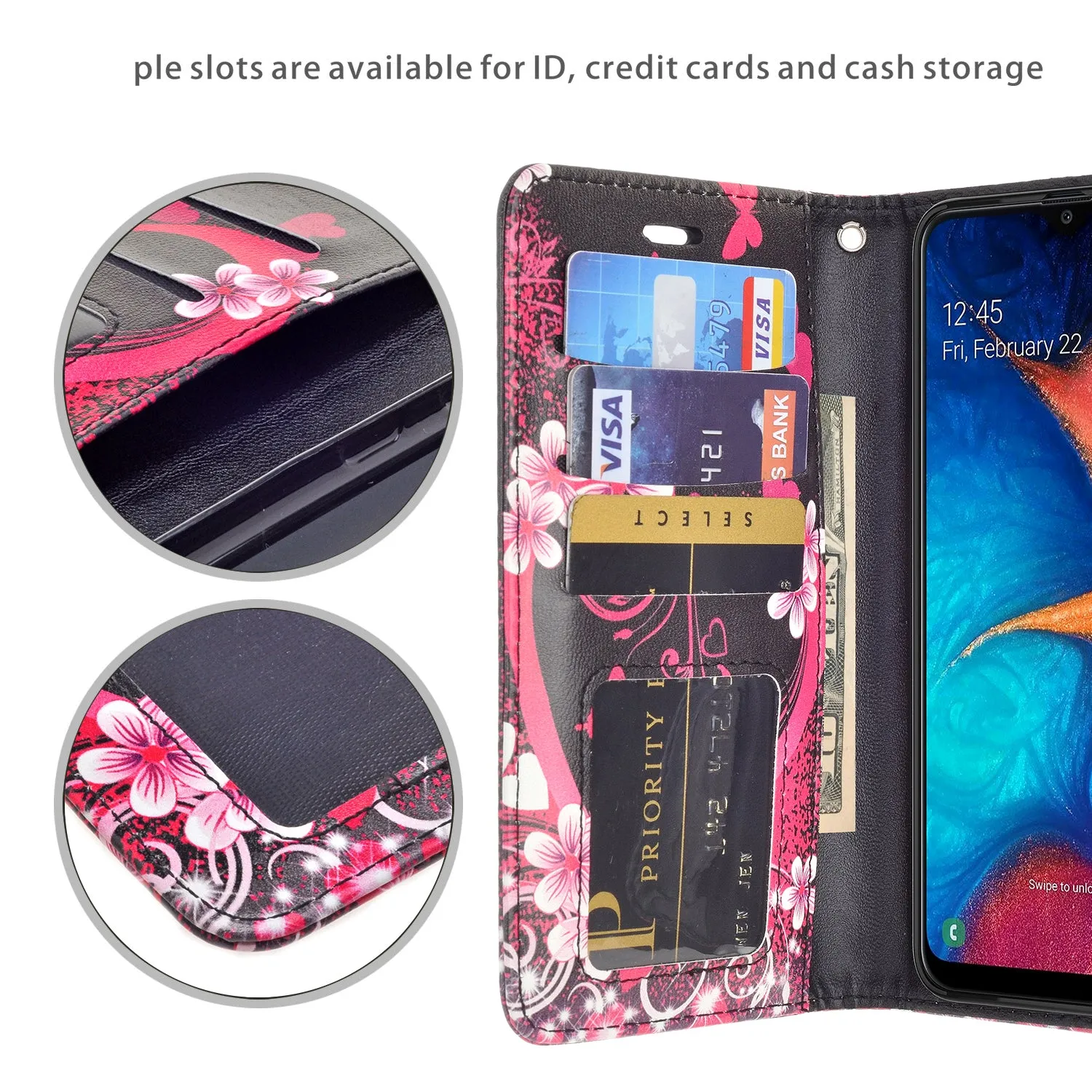 Samsung Galaxy A20 Case, Galaxy A20 Wallet Case, Wrist Strap Pu Leather Wallet Case [Kickstand] with ID & Credit Card Slots - Heart Butterflies