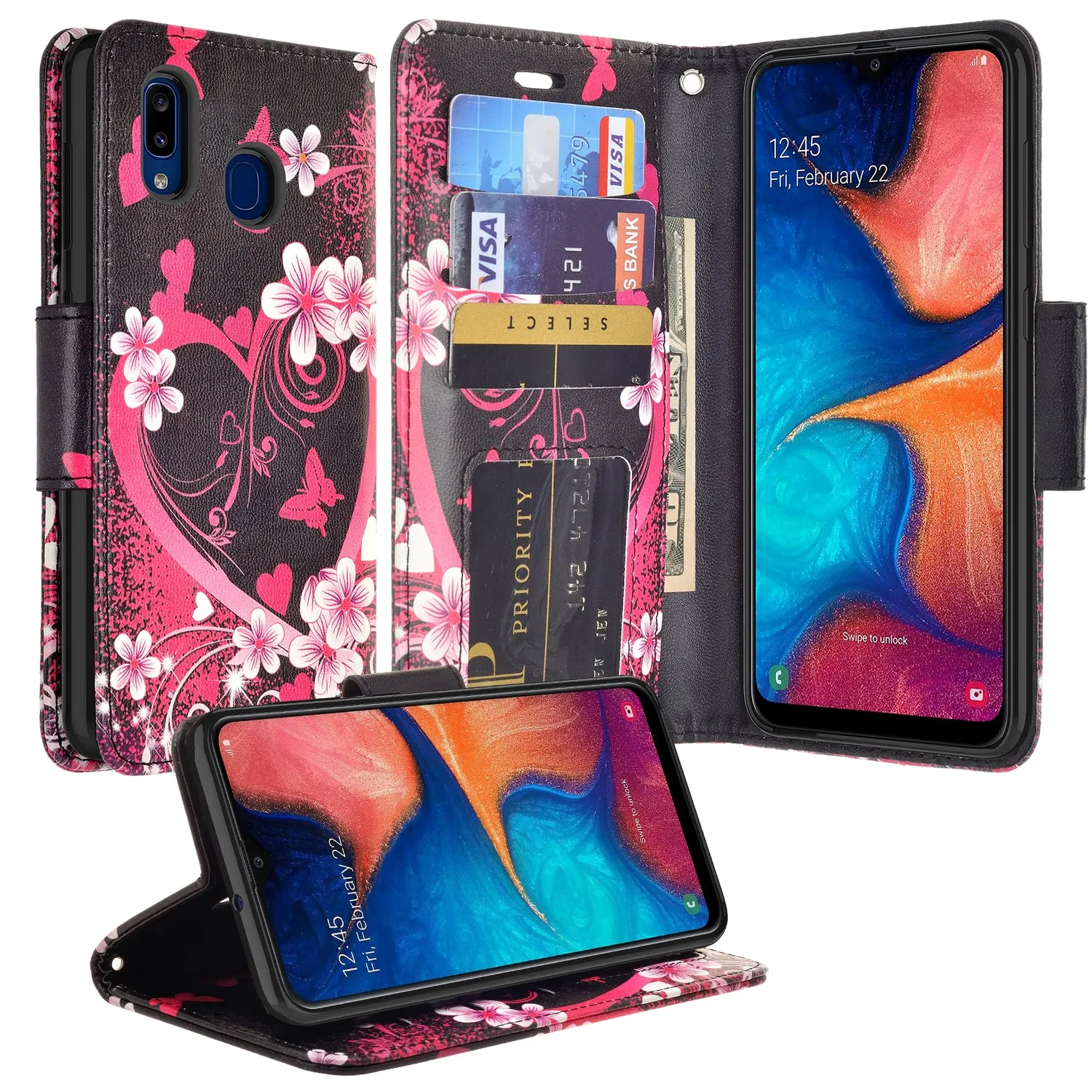 Samsung Galaxy A20 Case, Galaxy A20 Wallet Case, Wrist Strap Pu Leather Wallet Case [Kickstand] with ID & Credit Card Slots - Heart Butterflies