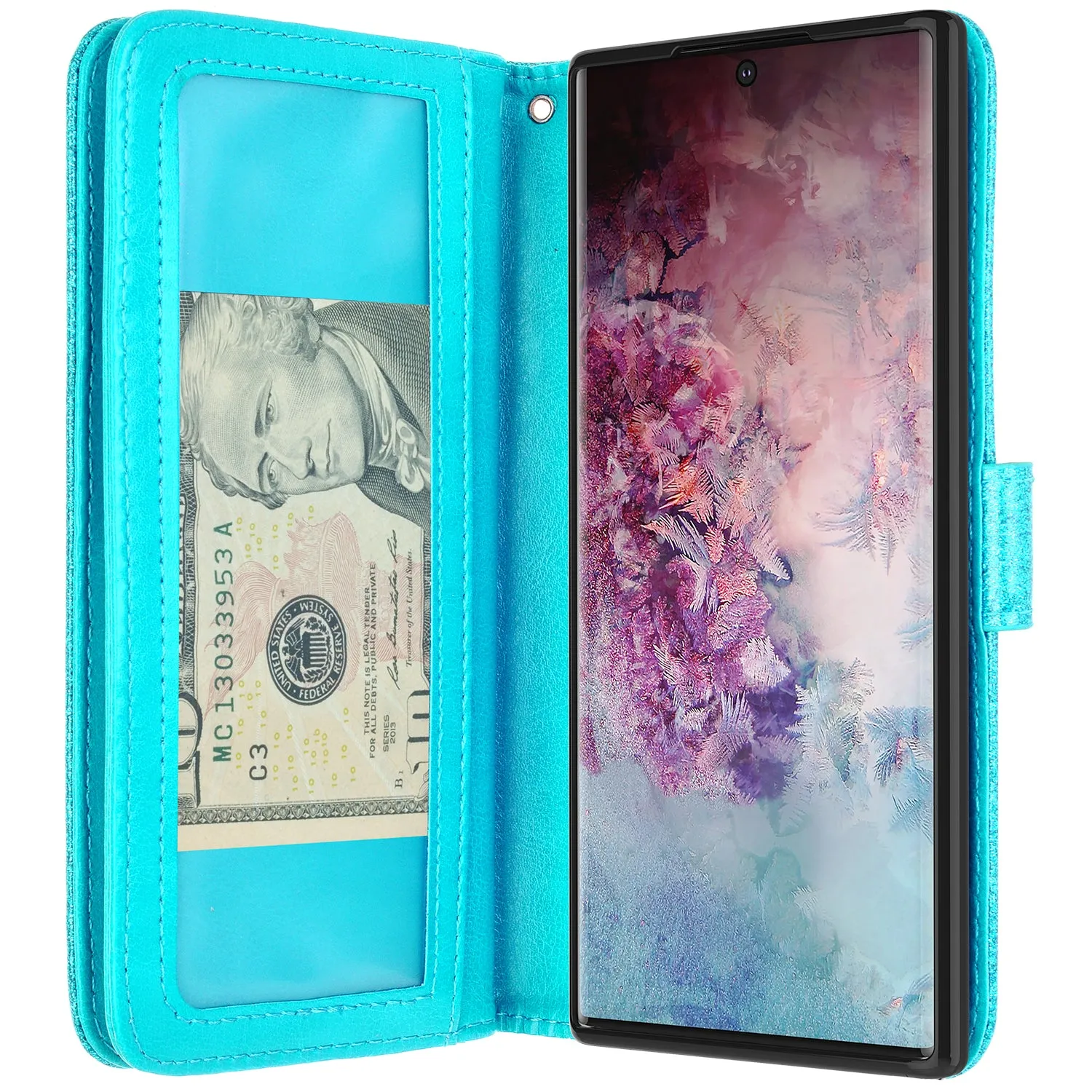 Samsung Galaxy A32 5G Case, Galaxy A32 5G Case, Glitter Faux Leather Flip Credit Card Holder Wrist Strap Shockproof Protective Wallet Case Clutch for Galaxy A32 5G - Teal