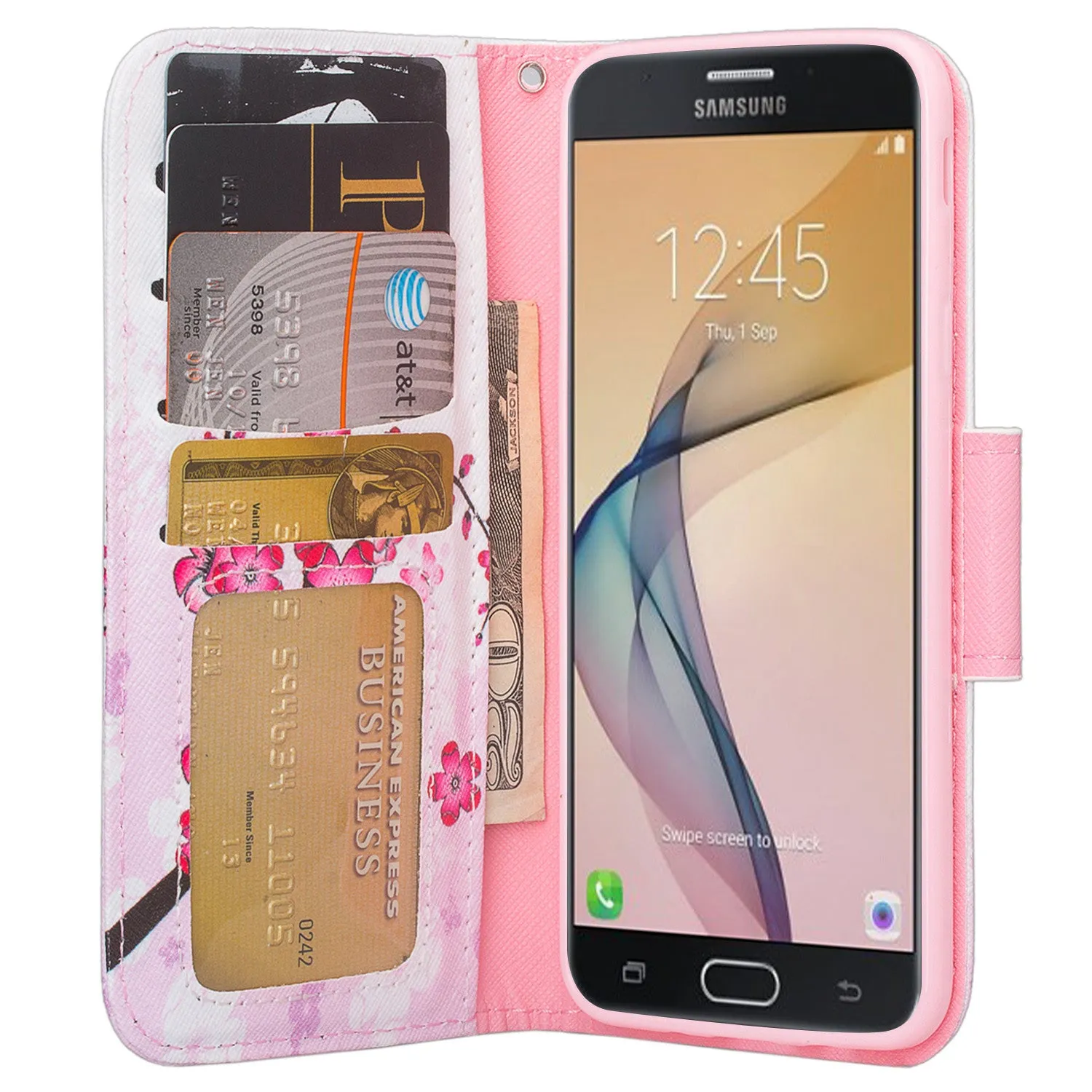 Samsung  Galaxy J5 Prime Case, Wrist Strap Magnetic Fold[Kickstand] Pu Leather Wallet Case with ID & Credit Card Slots for Samsung Galaxy  J5 Prime - Cherry Blossom