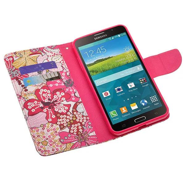 Samsung Galaxy Mega 2 Case, Wrist Strap Magnetic Fold[Kickstand] Pu Leather Wallet Case with ID & Credit Card Slots for Samsung Galaxy Mega2 - Pink Flower