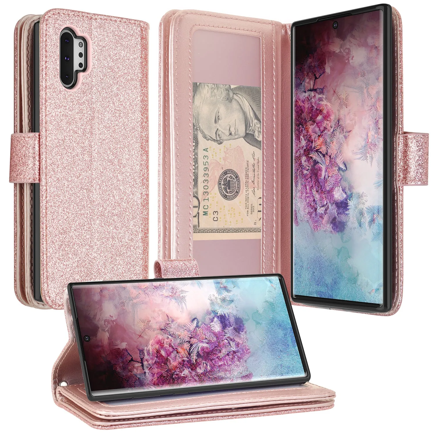 Samsung Galaxy Note 10  Case, Galaxy Note 10 Plus Case, Glitter Faux Leather Flip Credit Card Holder Wrist Strap Shockproof Protective Wallet Case Clutch for Galaxy Note 10 Plus - Rose Gold