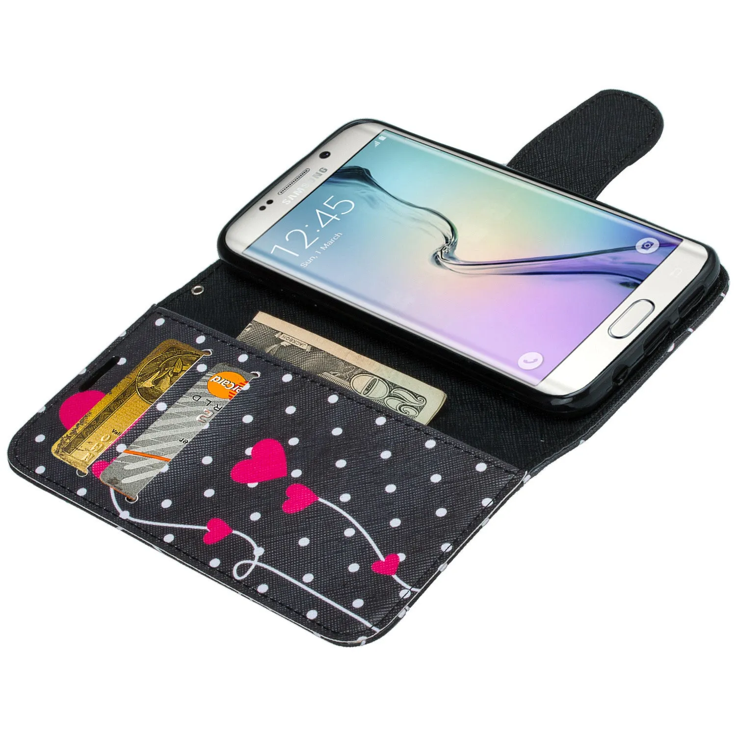 Samsung Galaxy S6 Edge Plus Case, Wrist Strap Magnetic Flip Fold[Kickstand] Pu Leather Wallet Case with ID & Card Slots - Polka Dots Hearts