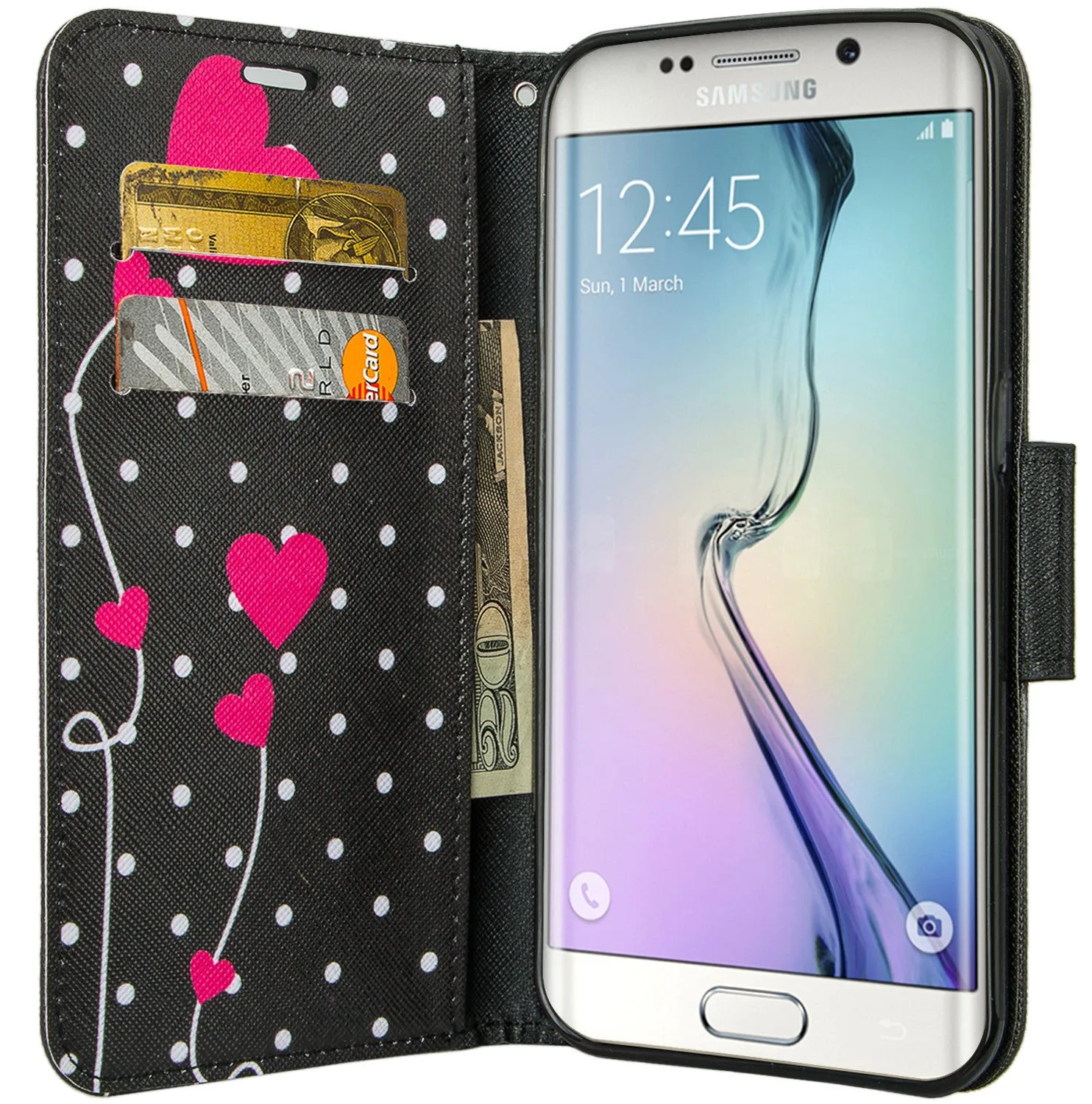 Samsung Galaxy S6 Edge Plus Case, Wrist Strap Magnetic Flip Fold[Kickstand] Pu Leather Wallet Case with ID & Card Slots - Polka Dots Hearts