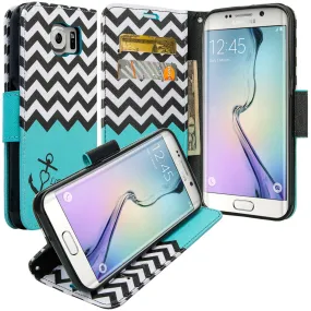 Samsung Galaxy S6 Wallet Case, Wrist Strap Magnetic Fold Folio[Kickstand] Pu Leather with ID & Card Slots for Galaxy S6 - Teal Anchor