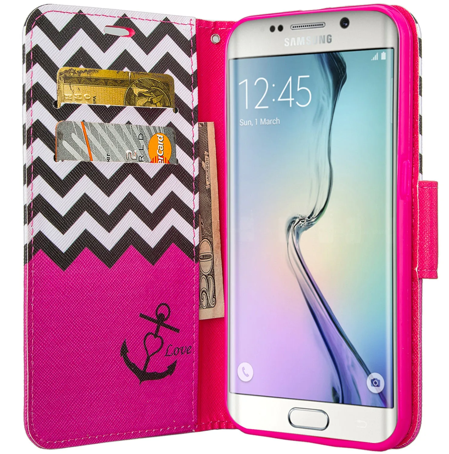 Samsung Galaxy S7 Edge Wallet Case, Wrist Strap Pu Leather Magnetic Flip Fold[Kickstand] with ID & Card Slots for Galaxy S7 Edge - Hot Pink Anchor