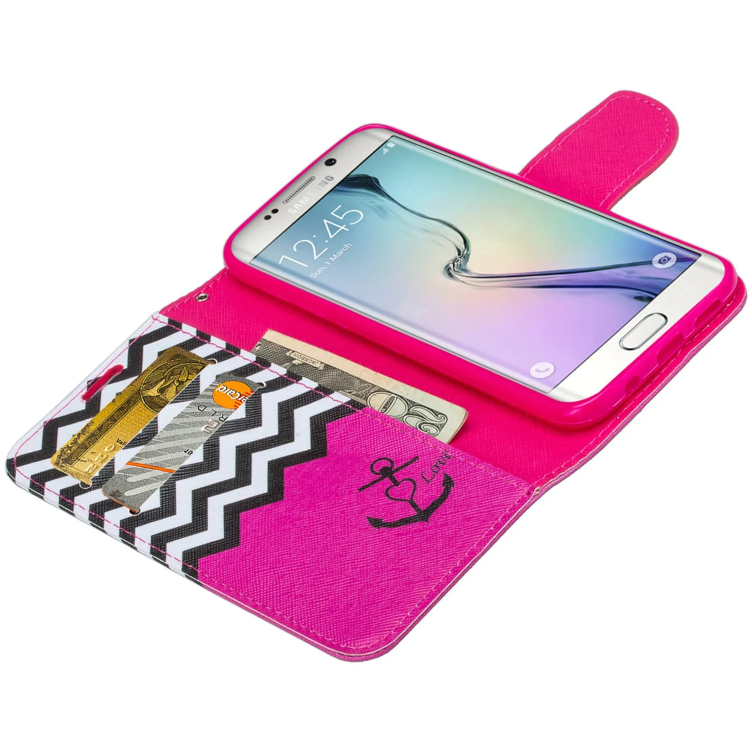 Samsung Galaxy S7 Edge Wallet Case, Wrist Strap Pu Leather Magnetic Flip Fold[Kickstand] with ID & Card Slots for Galaxy S7 Edge - Hot Pink Anchor