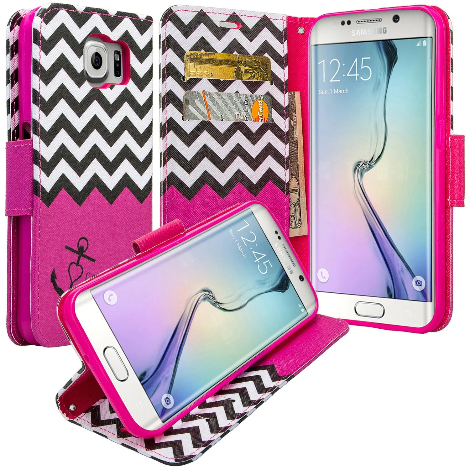 Samsung Galaxy S7 Edge Wallet Case, Wrist Strap Pu Leather Magnetic Flip Fold[Kickstand] with ID & Card Slots for Galaxy S7 Edge - Hot Pink Anchor