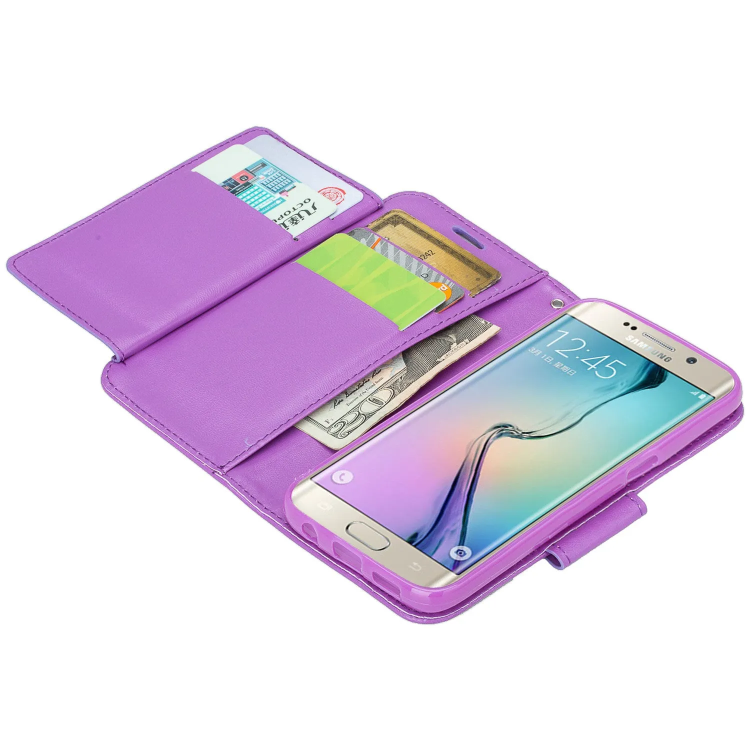 Samsung Galaxy S7 Edge Wallet Case, Wrist Strap Pu Leather Magnetic Flip Fold[Kickstand] with ID & Card Slots for Galaxy S7 Edge - Solid Purple