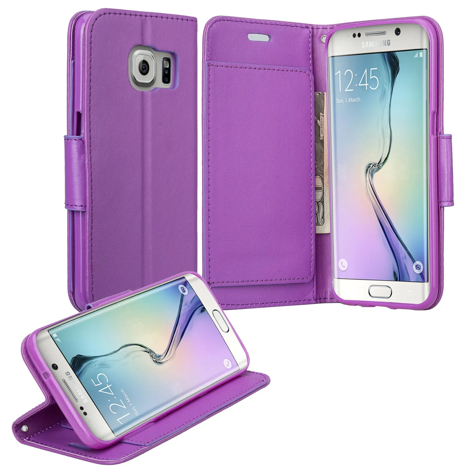 Samsung Galaxy S7 Edge Wallet Case, Wrist Strap Pu Leather Magnetic Flip Fold[Kickstand] with ID & Card Slots for Galaxy S7 Edge - Solid Purple