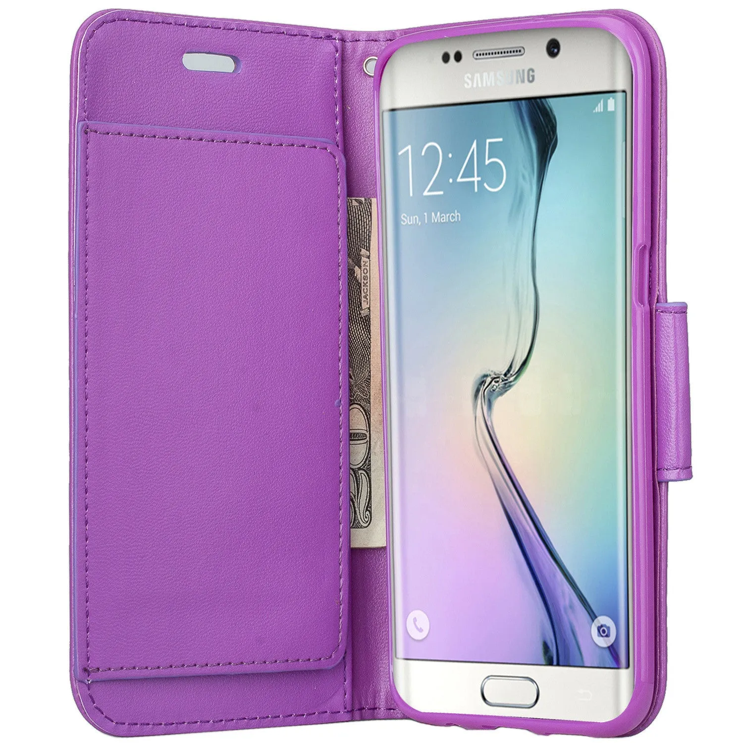 Samsung Galaxy S7 Edge Wallet Case, Wrist Strap Pu Leather Magnetic Flip Fold[Kickstand] with ID & Card Slots for Galaxy S7 Edge - Solid Purple