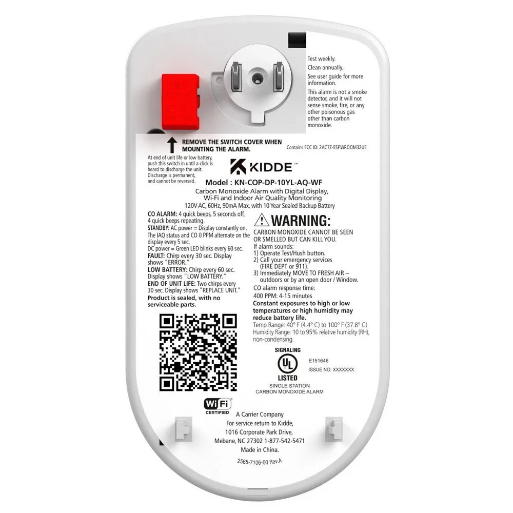 Smart Carbon Monoxide Detector with Indoor Air Quality Monitoring Hardwiredâ€¯10-Year Lithium Backup Battery