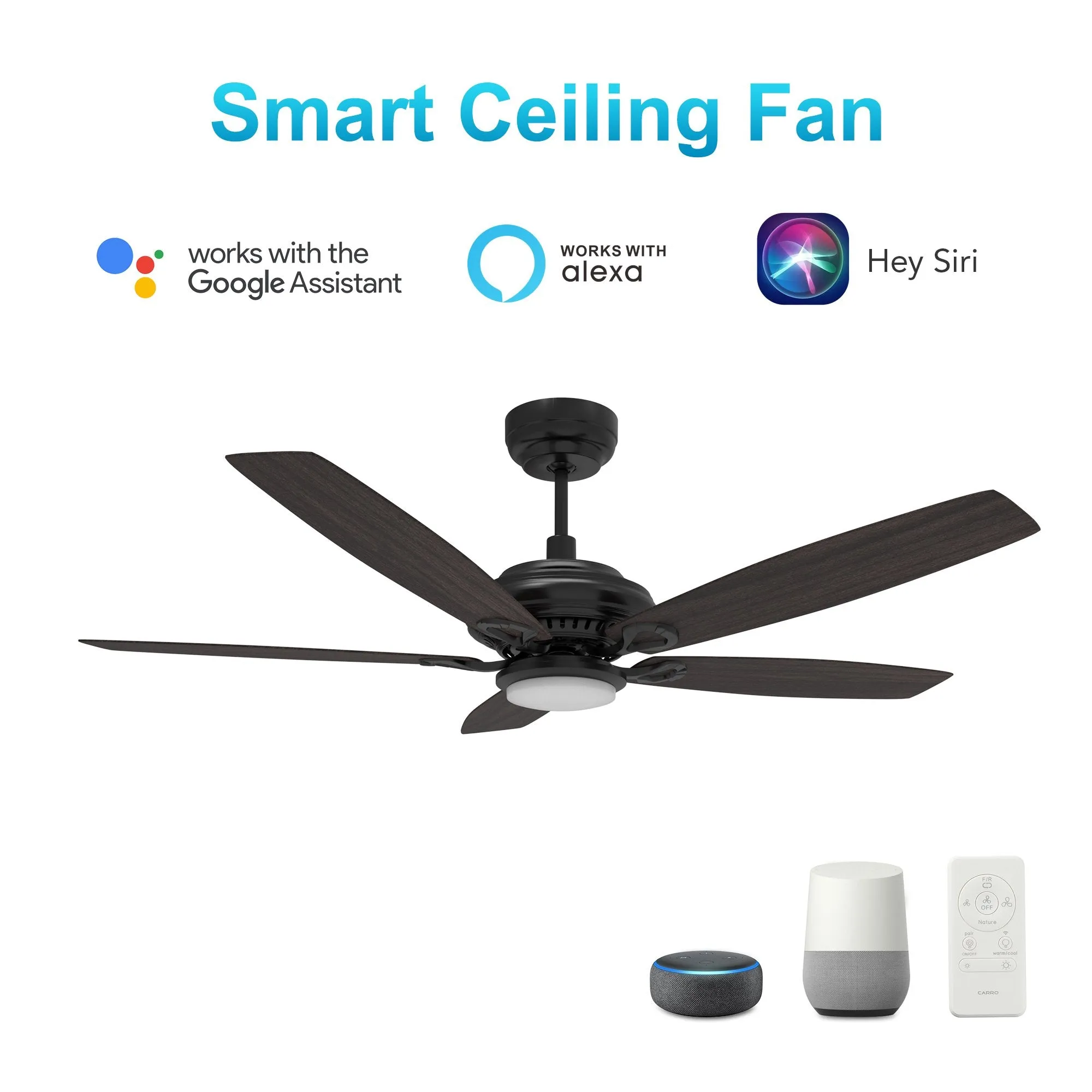 Somerset 52" In. Black/Walnut 5 Blade Smart Ceiling Fan with Dimmable LED Light Kit Works with Remote Control, Wi-Fi apps and Voice control via Google Assistant/Alexa/Siri