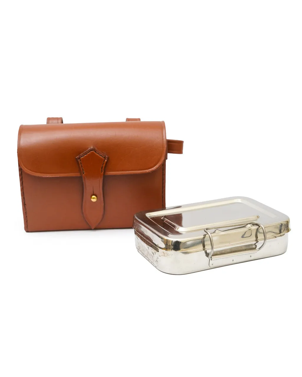 Stainless Steel Fox Hunting Sandwich Tin Box with Tan Leather Case