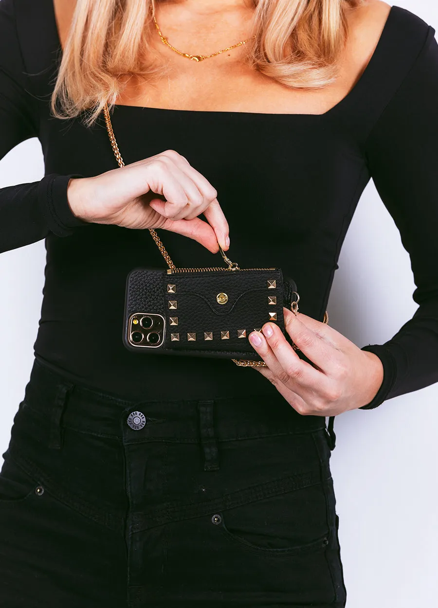 Studded Crossbody Wallet Case in Black