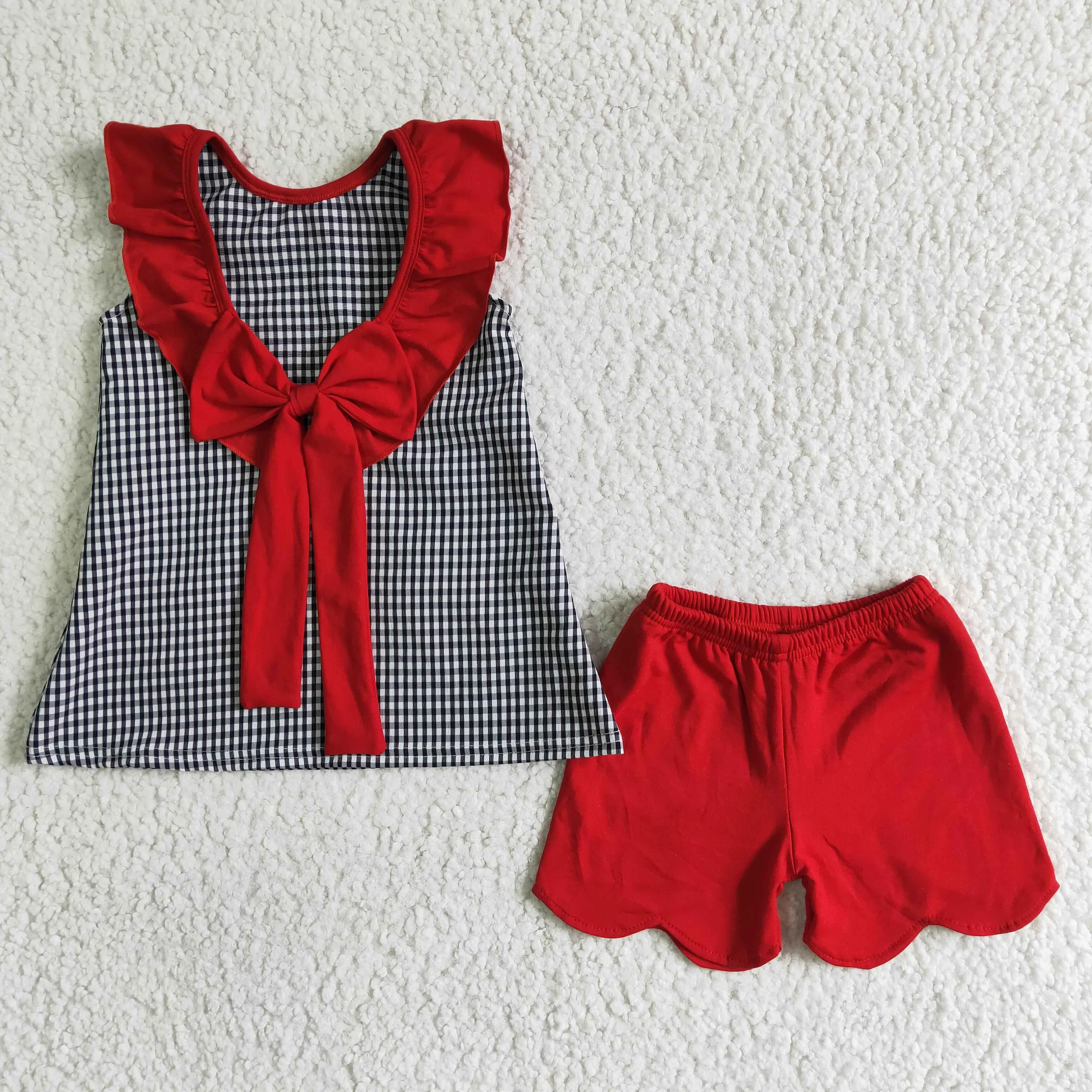 Summer mickey embroidery sleeveless red ruffle shorts set