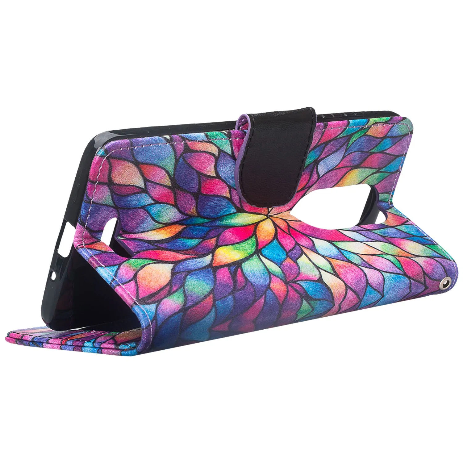 T-mobile REVVL  Plus, Coolpad REVVL Plus Case, Slim Flip [Kickstand] Pu Leather Wrist Strap Wallet Cover with Card Slots - Rainbow Flower