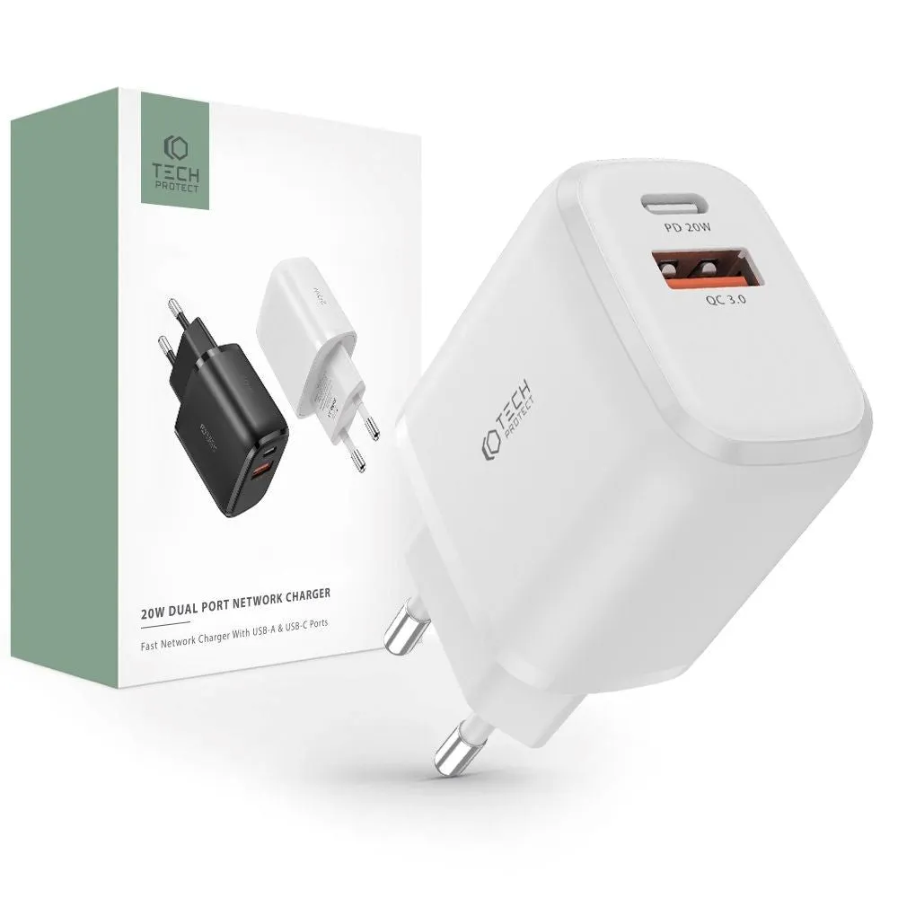 Tech-Protect Network PD 20W Vægoplader m. 1 x USB-C & 1 x USB-A - Hvid