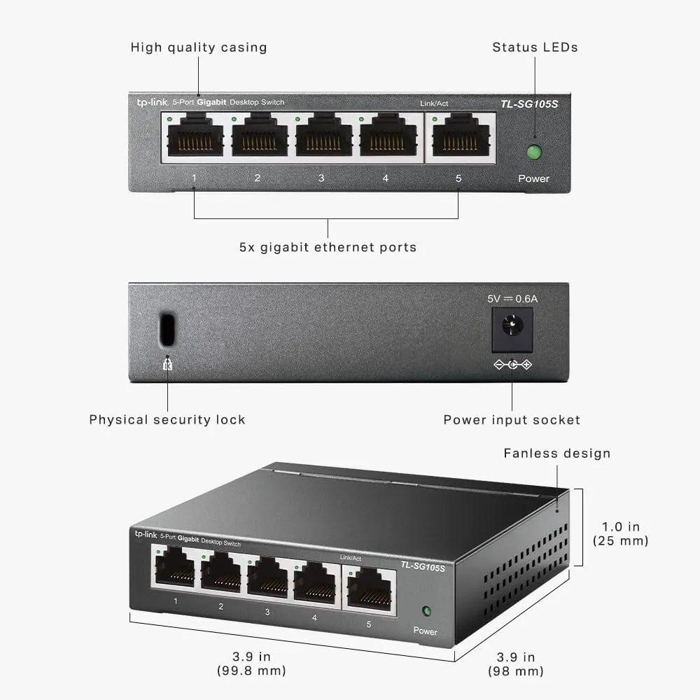 TP-Link TL-SG105S 5-Port Gigabit Ethernet Network Switch, Metal, Fanless, Plug & Play