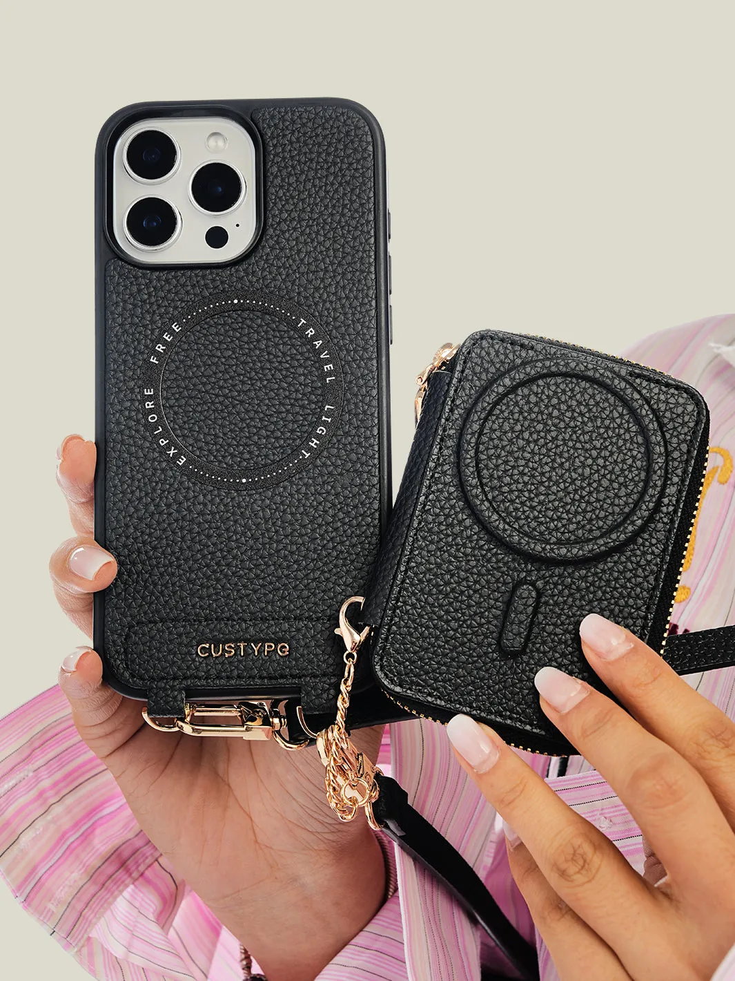 Unique Design Set- Detachable Wireless Charging Crossbody Wallet Phone Case Round Pouch Set