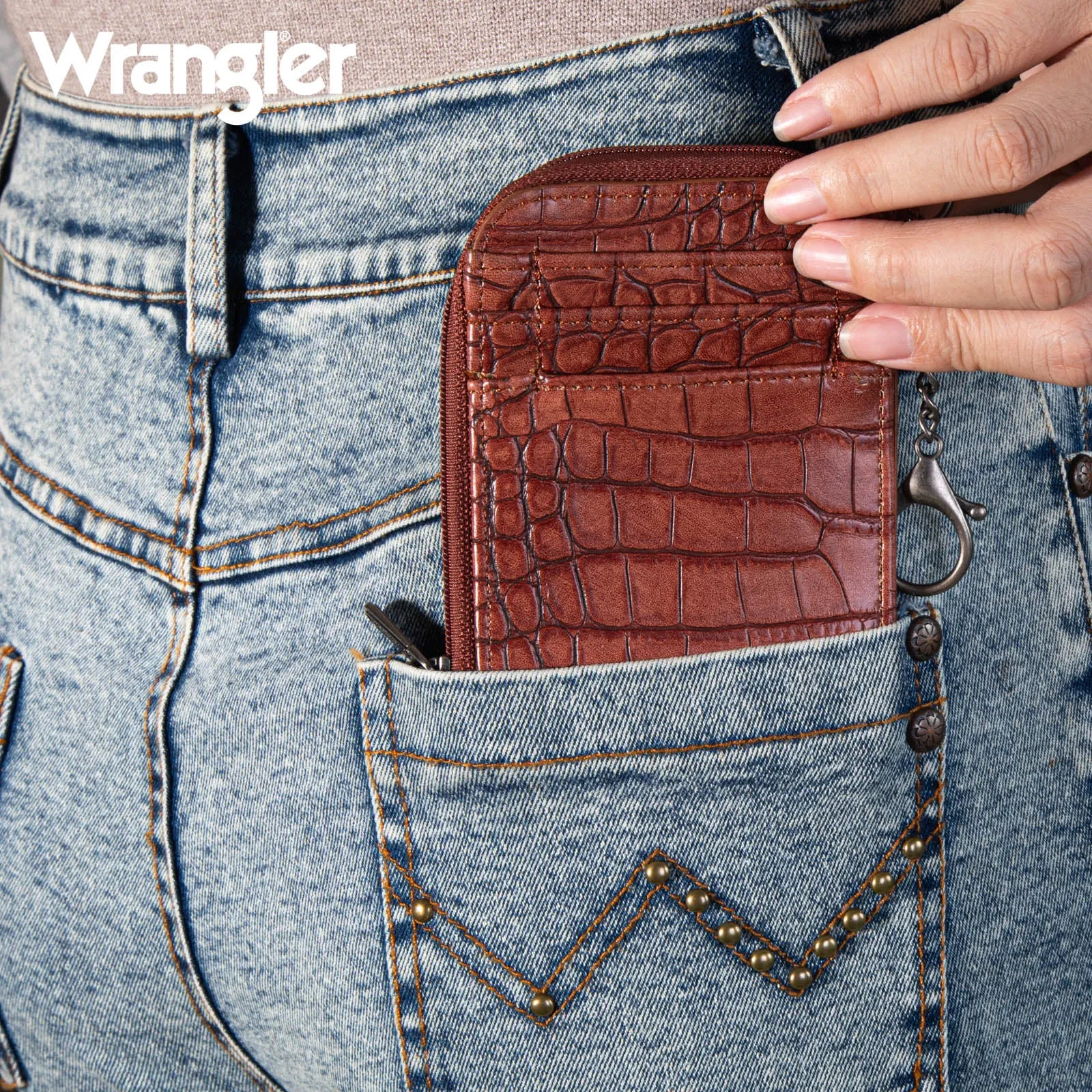 WG102-W005 Wrangler  Wrangler Croc  Print  Mini Zip Card Case - Cognac