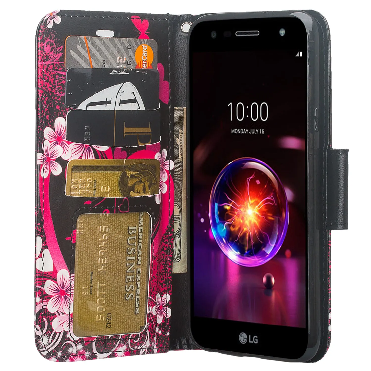 X Power 3 Case, LG X Power 3, Wrist Strap Leather Wallet Case [Kickstand] with Credit Card Slots - Heart Butterflies