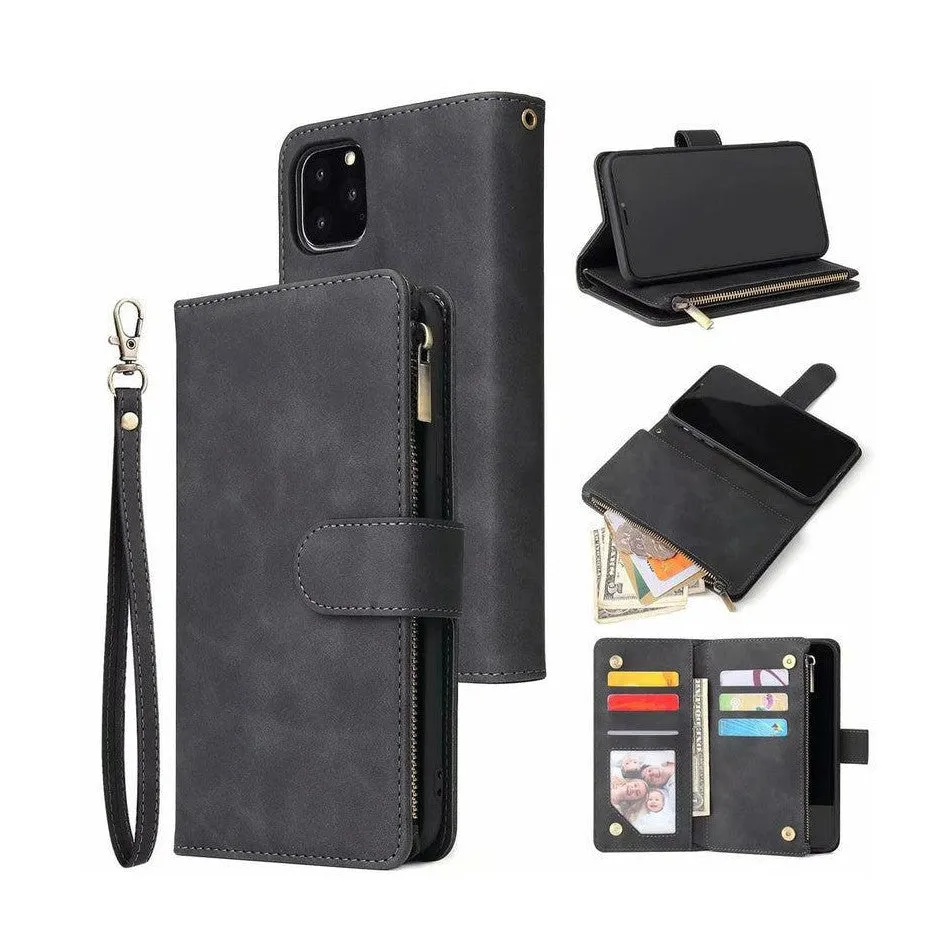 Zipper Wallet Mobile Phone Case for iPhone 13 Pro Max with Wrist Strap Black