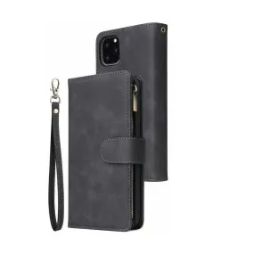 Zipper Wallet Mobile Phone Case for iPhone 13 Pro Max with Wrist Strap Black