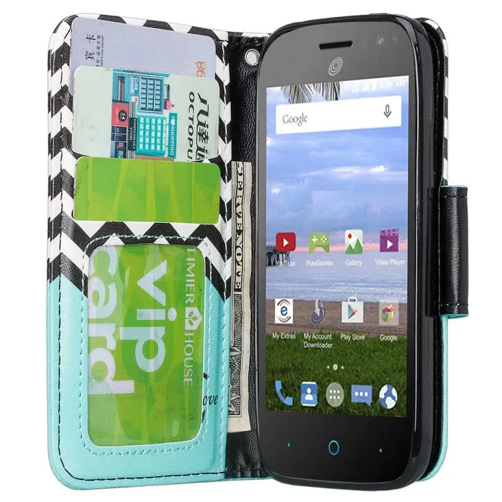 ZTE Citrine LTE Case, ZTE Citrine LTE Wallet Case, Wrist Strap Flip Folio [Kickstand] Pu Leather Wallet Case with ID & Credit Card Slots - Teal Chevron Anchor