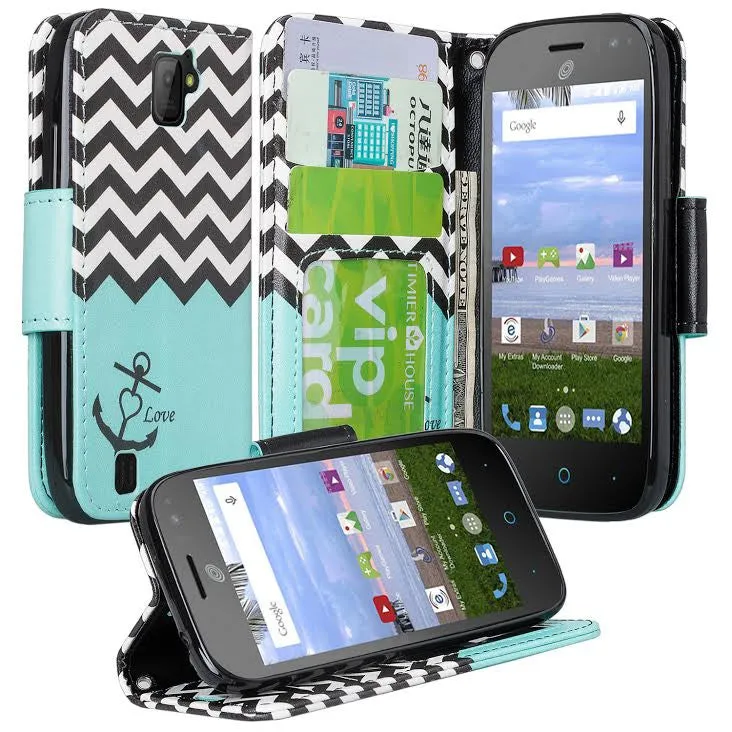 ZTE Citrine LTE Case, ZTE Citrine LTE Wallet Case, Wrist Strap Flip Folio [Kickstand] Pu Leather Wallet Case with ID & Credit Card Slots - Teal Chevron Anchor