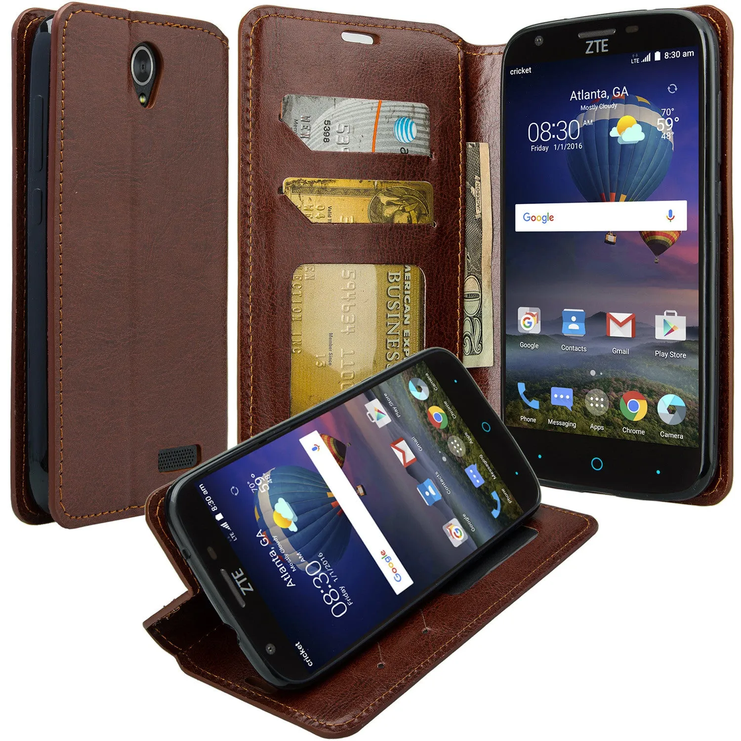 ZTE Grand X3, ZMAX Grand, ZMAX Champ, Warp 7, Avid 916 Case, Magnetic Fold[Kickstand] Pu Leather Wallet Case Cover with ID & Credit Card Slots - Brown