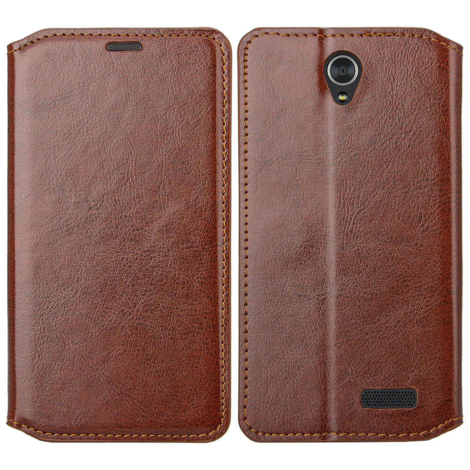 ZTE Grand X3, ZMAX Grand, ZMAX Champ, Warp 7, Avid 916 Case, Magnetic Fold[Kickstand] Pu Leather Wallet Case Cover with ID & Credit Card Slots - Brown