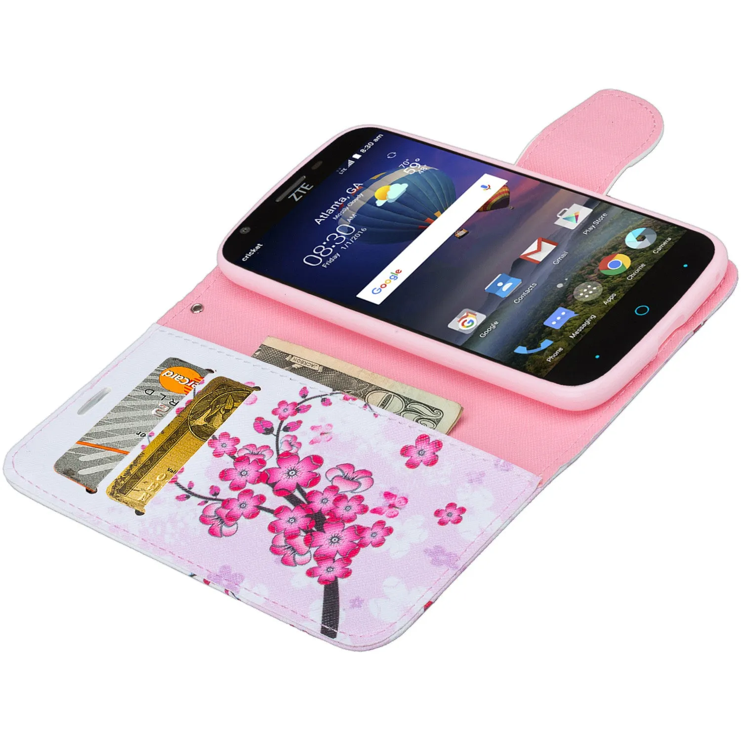 ZTE Grand X3, ZMAX Grand, ZMAX Champ, Warp 7, Avid 916 Case, Wrist Strap Magnetic Fold[Kickstand] Pu Leather Wallet Case Cover with ID & Credit Card Slots - Cherry Blossom