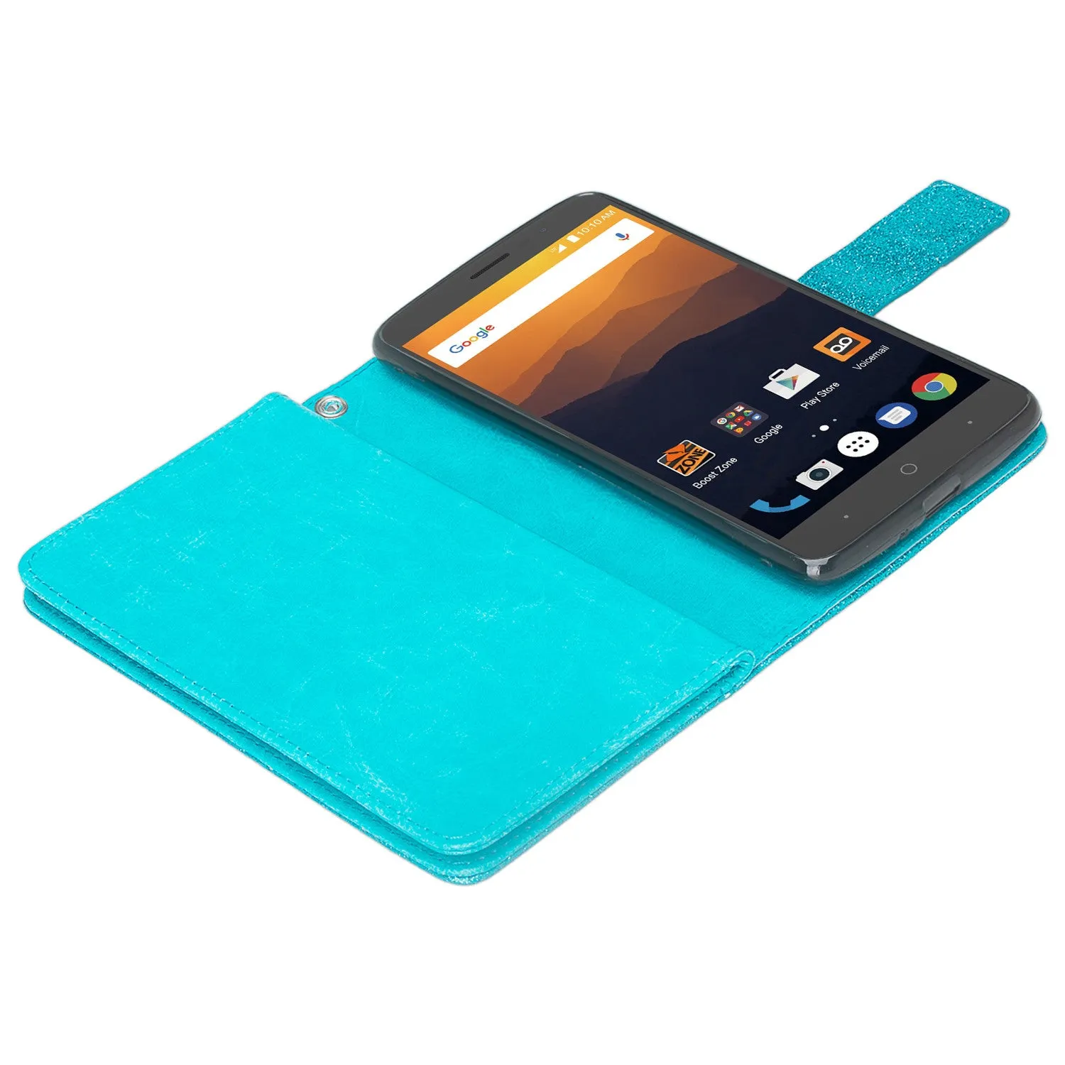 ZTE Max XL Case, ZTE Blade Max 3, ZTE Max Blue, [Wrist Strap] Glitter Faux Leather Flip [Kickstand] Wallet Cover Wristlet - Teal