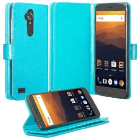 ZTE Max XL Case, ZTE Blade Max 3, ZTE Max Blue, [Wrist Strap] Glitter Faux Leather Flip [Kickstand] Wallet Cover Wristlet - Teal