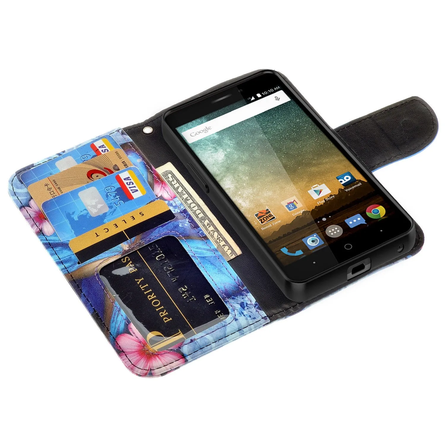 ZTE Prestige Case | ZTE Sonata 3 | ZTE Avid Plus | ZTE Avid Trio Pu Leather Magnetic Flip Fold[Kickstand] Wrist Strap Wallet Case with ID & Card Slots for ZTE Prestige/Sonata3/Avid/Avid Plus - Blue Butterfly