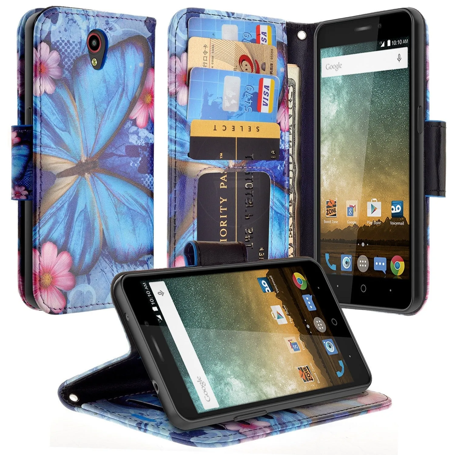 ZTE Prestige Case | ZTE Sonata 3 | ZTE Avid Plus | ZTE Avid Trio Pu Leather Magnetic Flip Fold[Kickstand] Wrist Strap Wallet Case with ID & Card Slots for ZTE Prestige/Sonata3/Avid/Avid Plus - Blue Butterfly