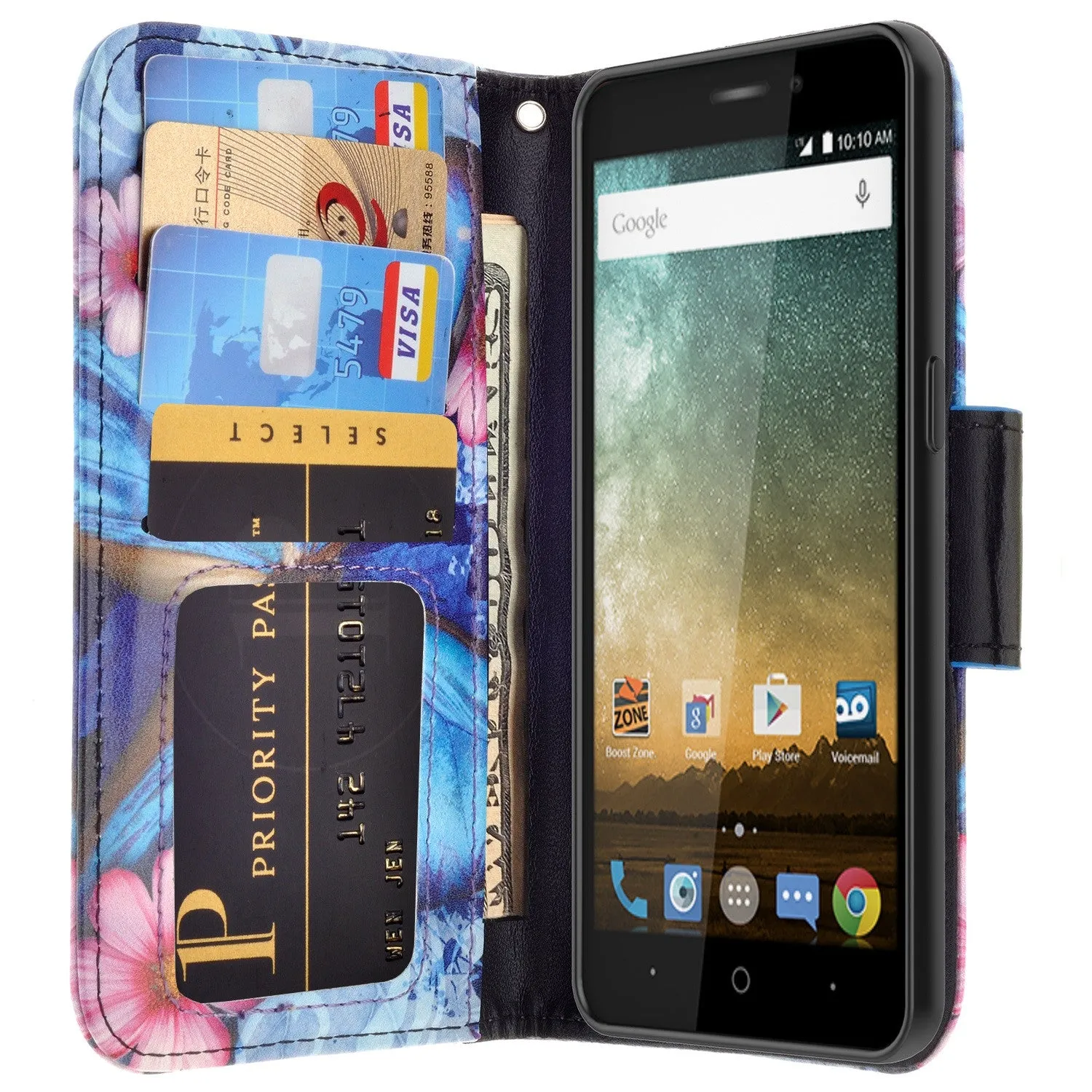 ZTE Prestige Case | ZTE Sonata 3 | ZTE Avid Plus | ZTE Avid Trio Pu Leather Magnetic Flip Fold[Kickstand] Wrist Strap Wallet Case with ID & Card Slots for ZTE Prestige/Sonata3/Avid/Avid Plus - Blue Butterfly